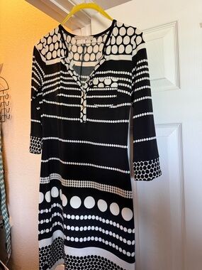 Boston Proper Black and White Dot-Stripe Stretch Knit Dress